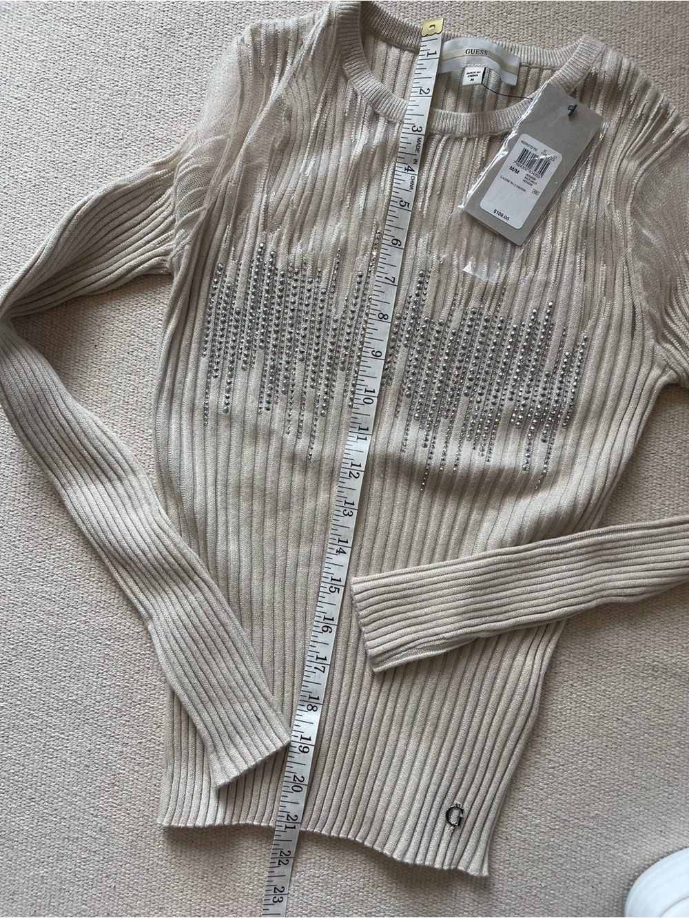 GUESS Claudine Metallic Rib Rhinestone Sweater M NWT - Picture 7 of 9